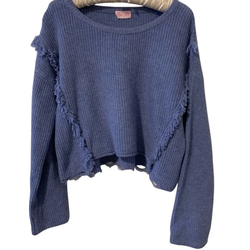 Pink Lily Blue Fringe Sweater Size Large - Picture 3 of 6